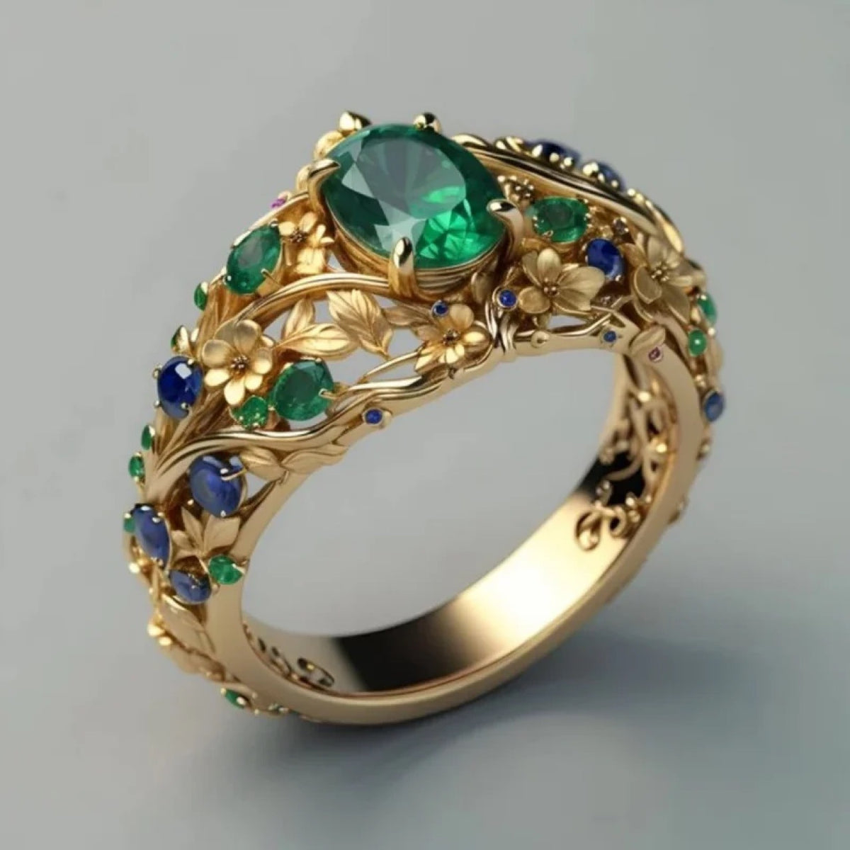Hollow Carved Floral Ring with Colorful Zircon