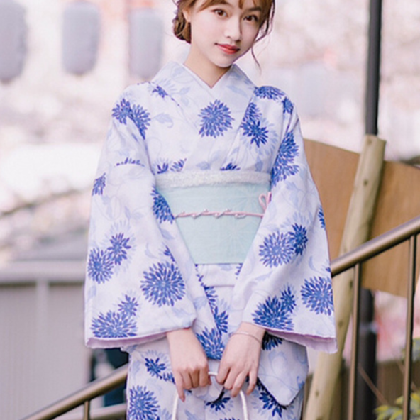 Womens Traditional Retro Japanese Camellia Print Kimono Dress with Girdle and Fan Headdress Set teemdrop