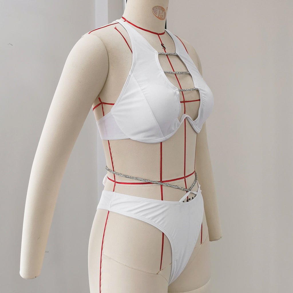 Women's Two-Piece Hollow Out Rhinestone Strap Solid Color Bikini Swimsuit teemdrop