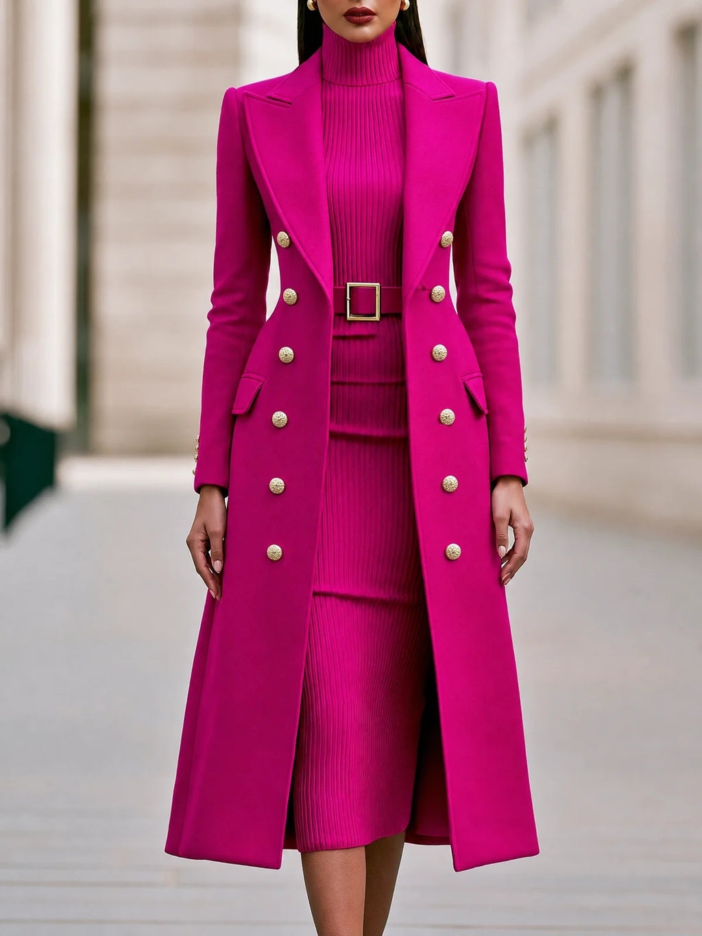 Women's Double-Breasted Woolen Coat and Knitted Dress Two-Piece Set teemdrop