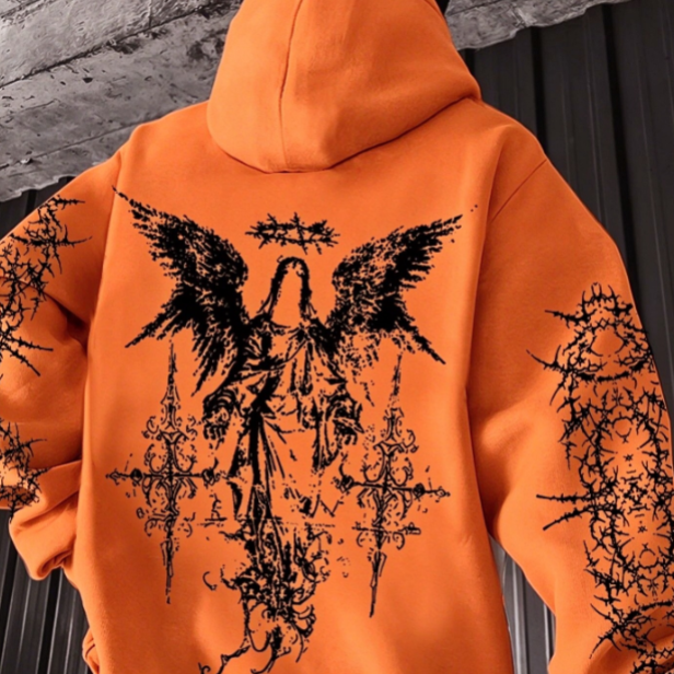 Gothic-style angel-print hoodie teemdrop