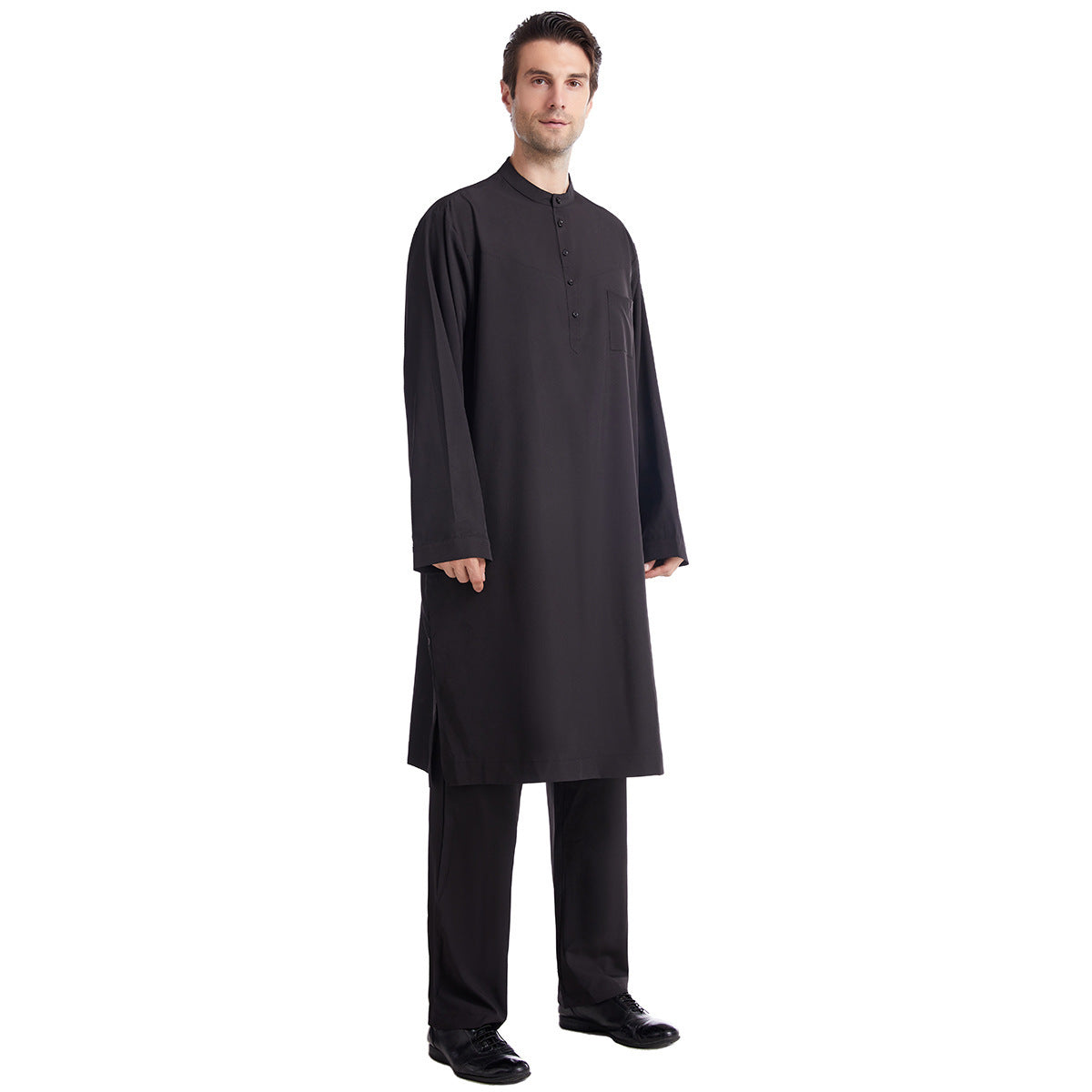 Button-down round-neck long shirt set teemdrop