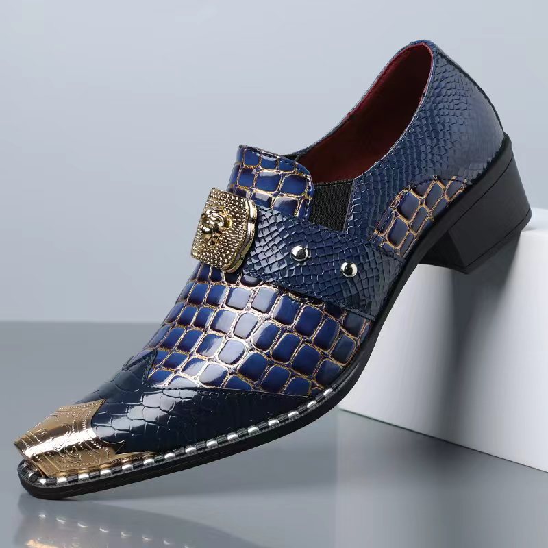 Men's Chunky Heel Pointed Toe Slip-on PU Leather Loafers teemdrop