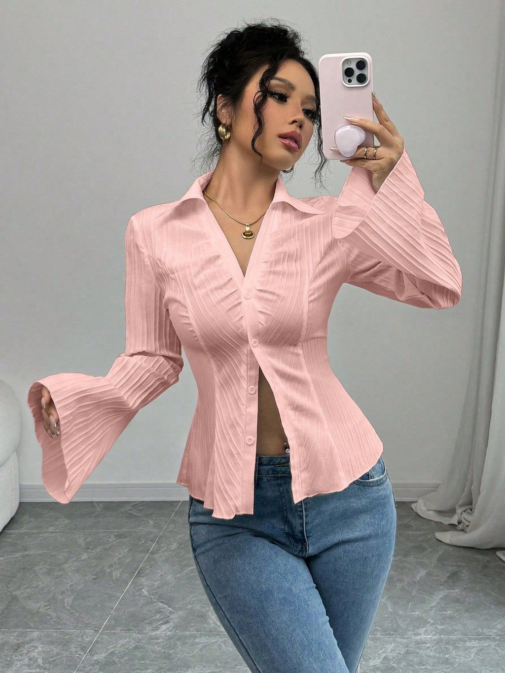 Women's V-Neck Long Sleeve Striped Button-Down Shirt teemdrop