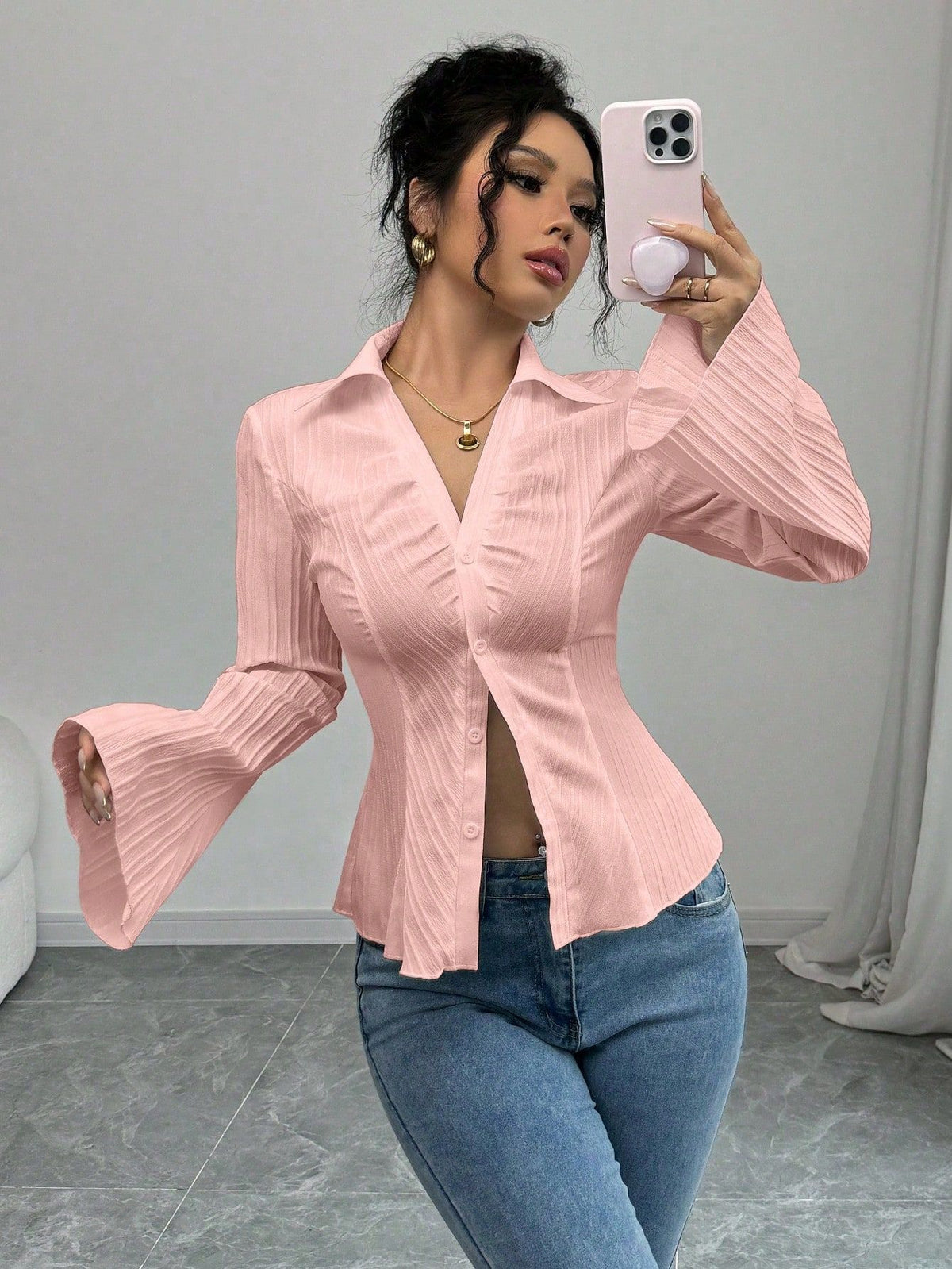 Women's V-Neck Long Sleeve Striped Button-Down Shirt teemdrop