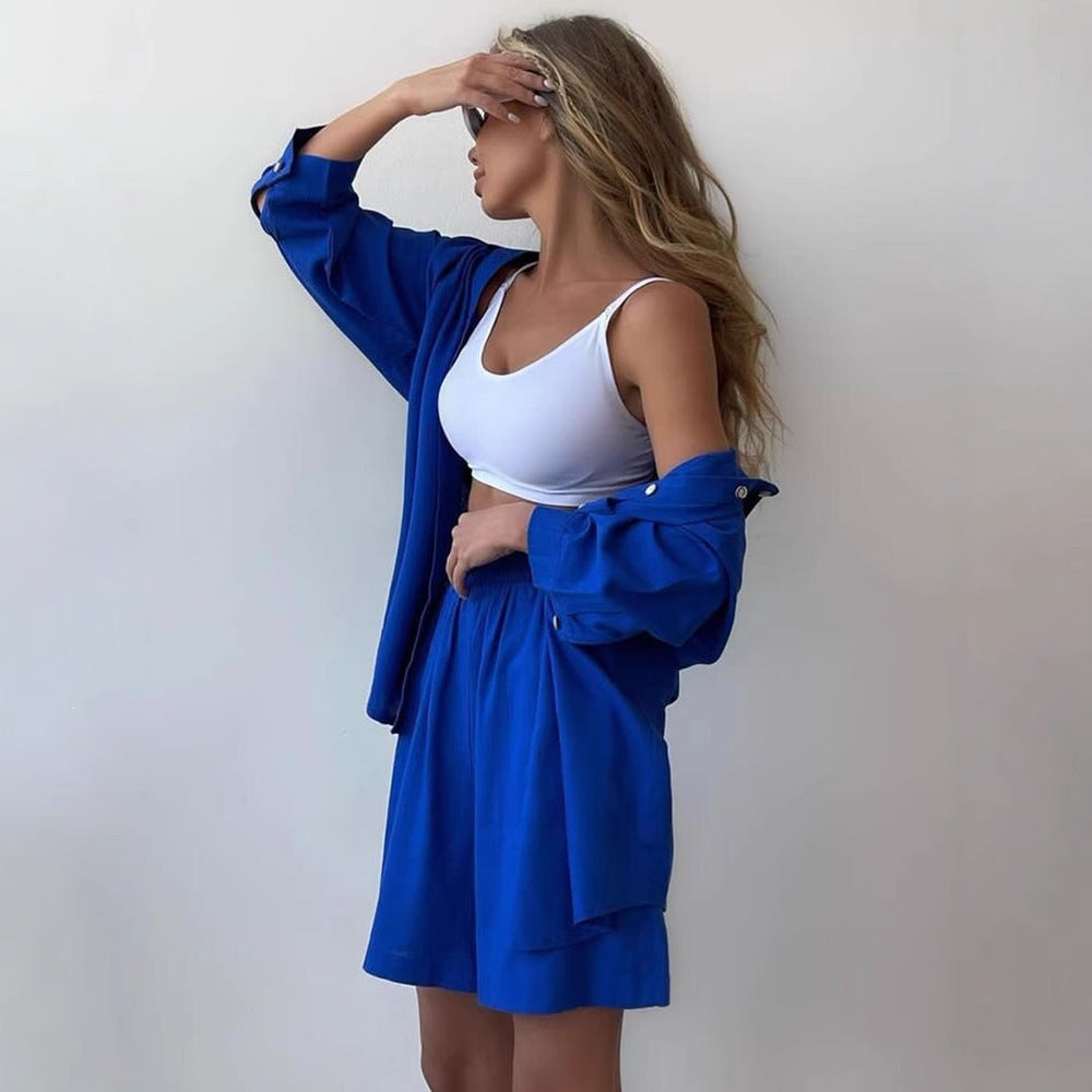 Women's Solid Lapel Shirt and High-Waist Shorts Casual Two-Piece Set teemdrop