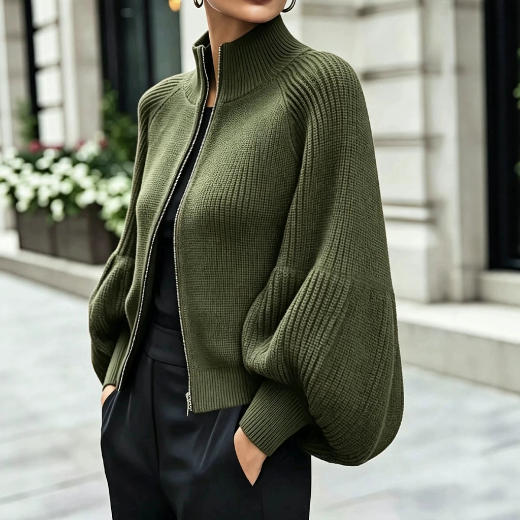 Women's Textured Knit Stand Collar Balloon Sleeve Cardigan teemdrop