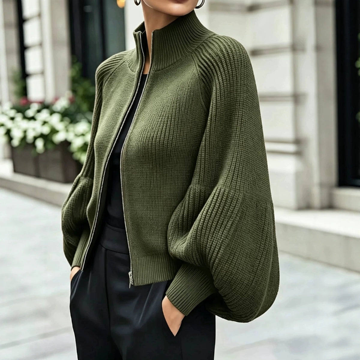 Women's Textured Knit Stand Collar Balloon Sleeve Cardigan teemdrop
