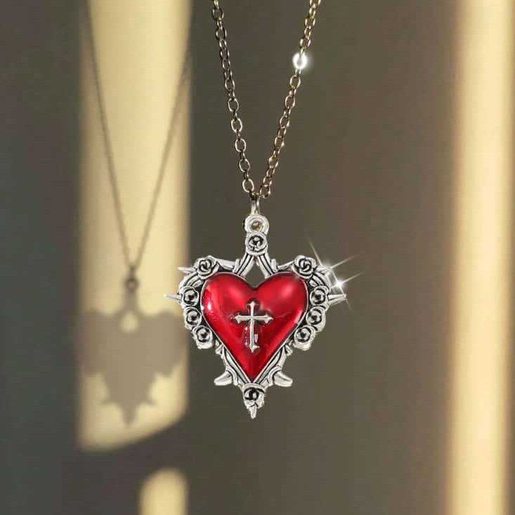 Retro Gothic Heart-Shaped Wing Bat Pendant Necklace Punk Y2K Jewelry teemdrop