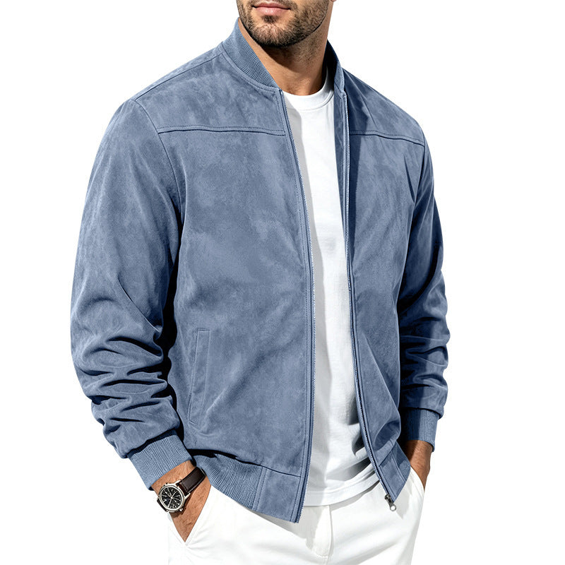 Men's Solid Suede Fleece Baseball Collar Bomber Jacket teemdrop