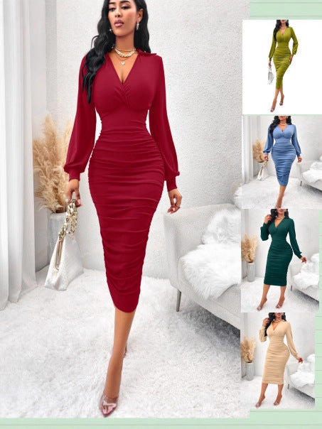 Women's V-Neck Lantern Sleeve Elastic Waist A-Line Midi Dress teemdrop