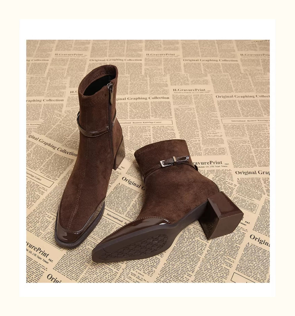 Women Pointed Toe Suede Chunky Heel Ankle Boots Side Zipper Chelsea Boots teemdrop