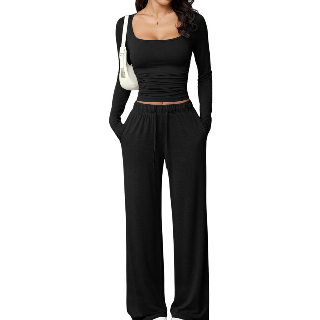 casual pants set with square-neck long-sleeve short top