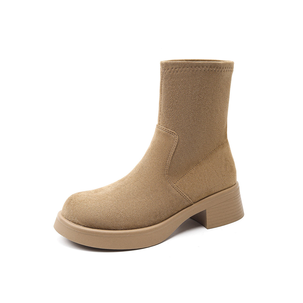 Women's Suede Ankle Boots Retro Round Toe Chunky Heel Riding Boots teemdrop