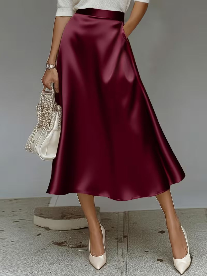 Women's Satin A-Line Midi Skirt Solid Color Elegant Workwear teemdrop