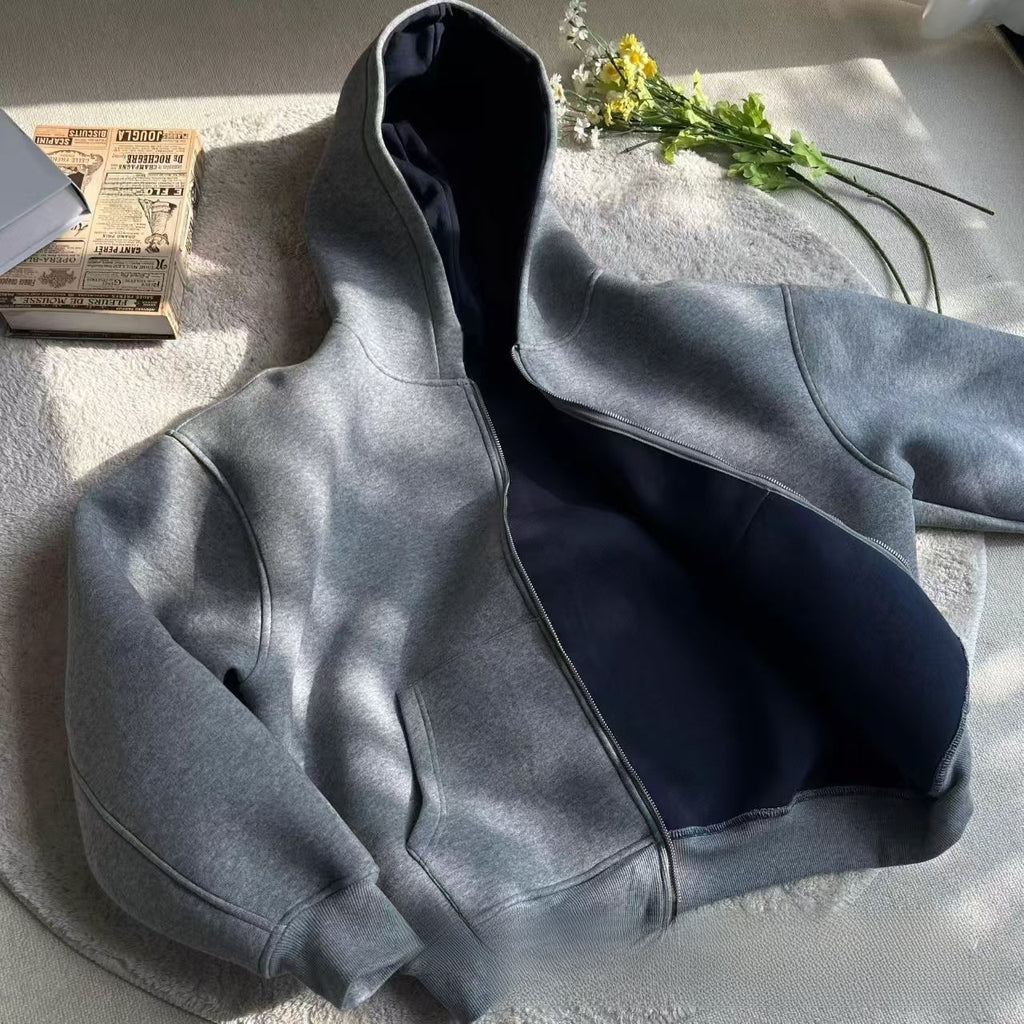 Men's Contrast Color Hoodie Cardigan Loose Casual Jacket Solid Streetwear