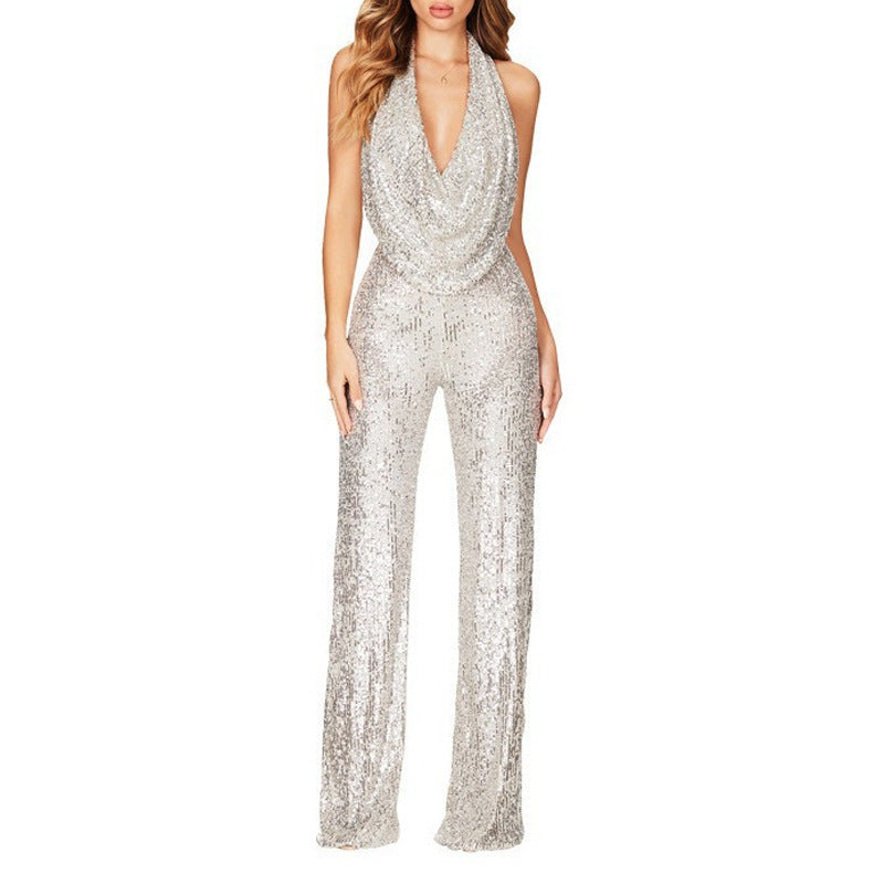 Women's Sparkly Sequin Halter Neck Jumpsuit Slim Fit Long Pants One Piece Evening Dress teemdrop
