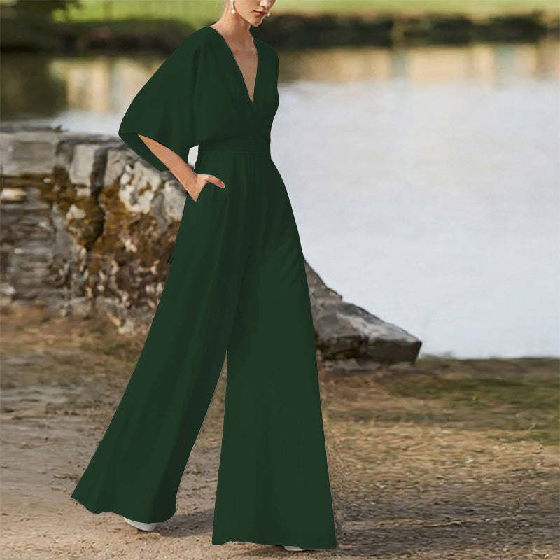 2026 Winter New European and American Foreign Trade Women's Fashion Jumpsuit Amazon Hot-Selling Deep V High-Waisted Wide-Leg Pants
