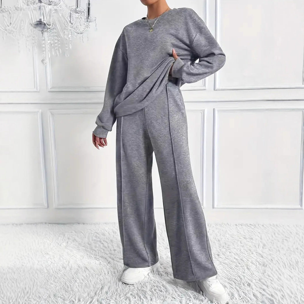 Women's Solid Color Round Neck Long Sleeve Pants Suit Casual Two-Piece Set teemdrop
