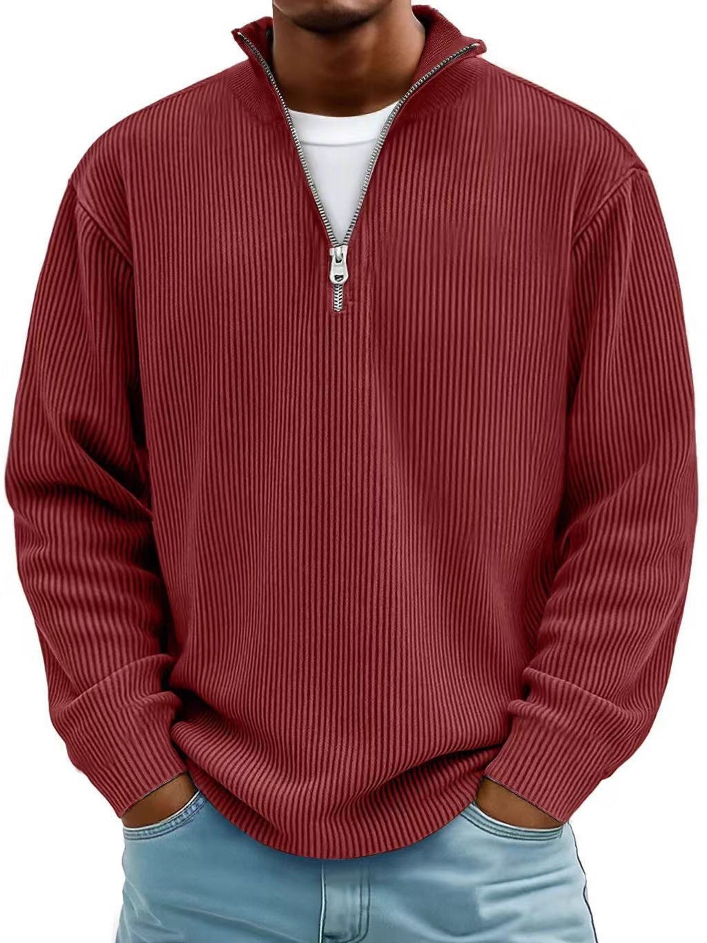 Men's Stand Collar Zipper Corduroy Long Sleeve Polo Shirt teemdrop