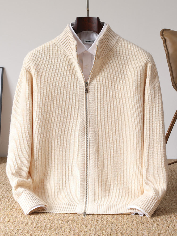 Men's 100% Wool Stand Collar Zip Cardigan teemdrop