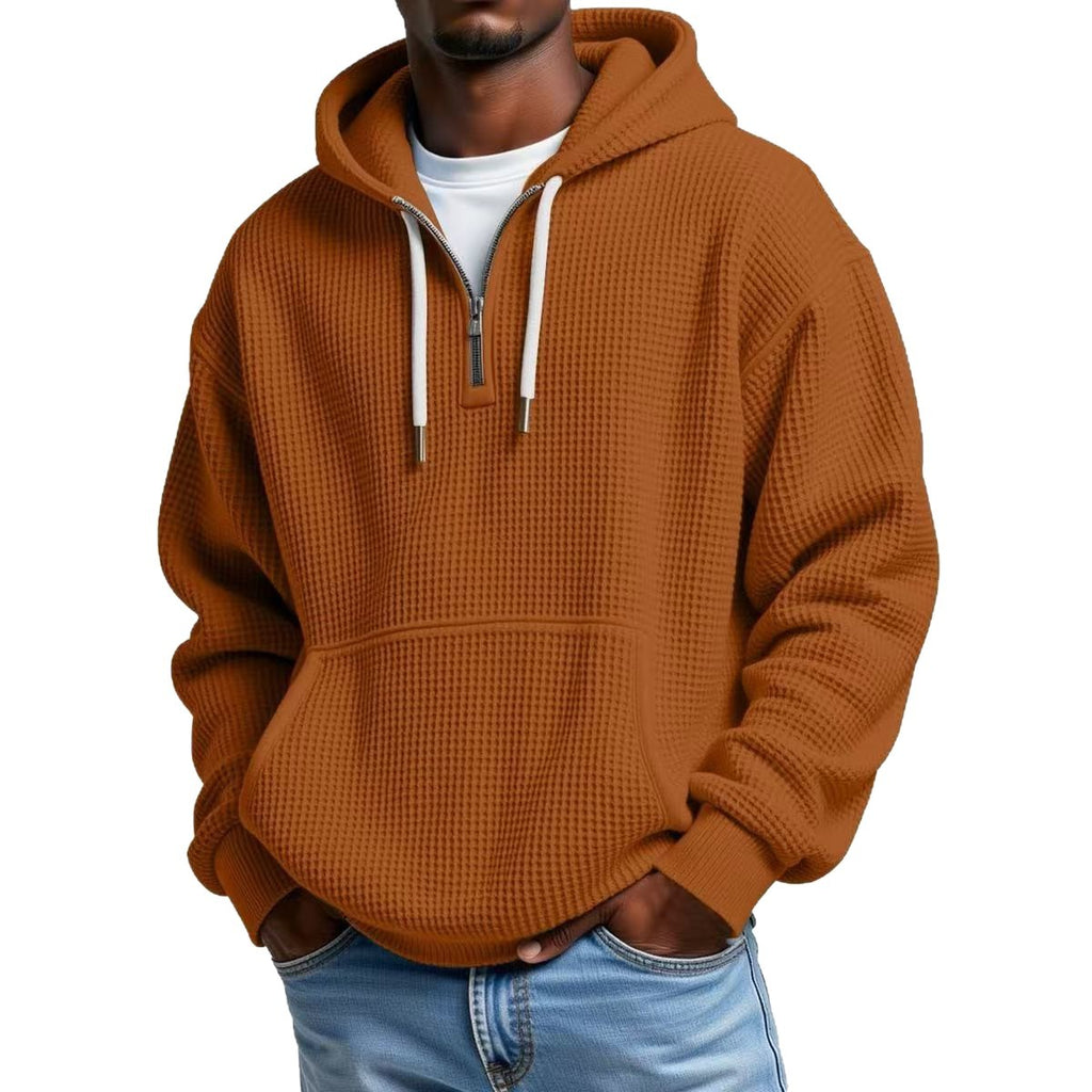 Men?s Heavyweight Waffle Knit Zip-Up Hooded Long Sleeve Loose Fit Casual Sweatshirt teemdrop