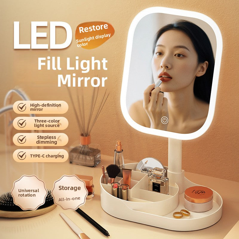Three-Color Lighting Foldable Makeup Mirror with 5X Magnification Detachable Lens teemdrop