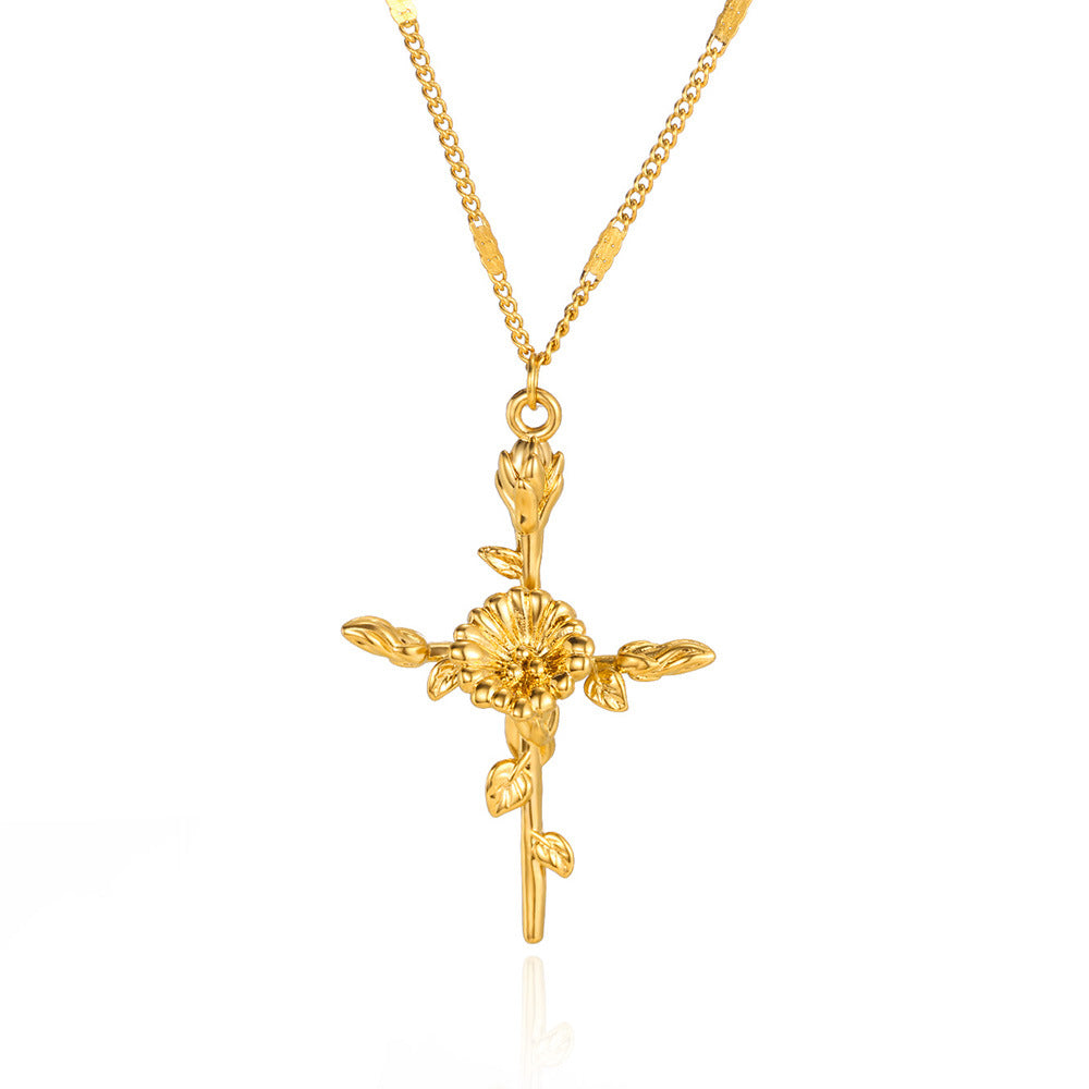 Gold Plated 3D Flower Cross Neckla teemdrop