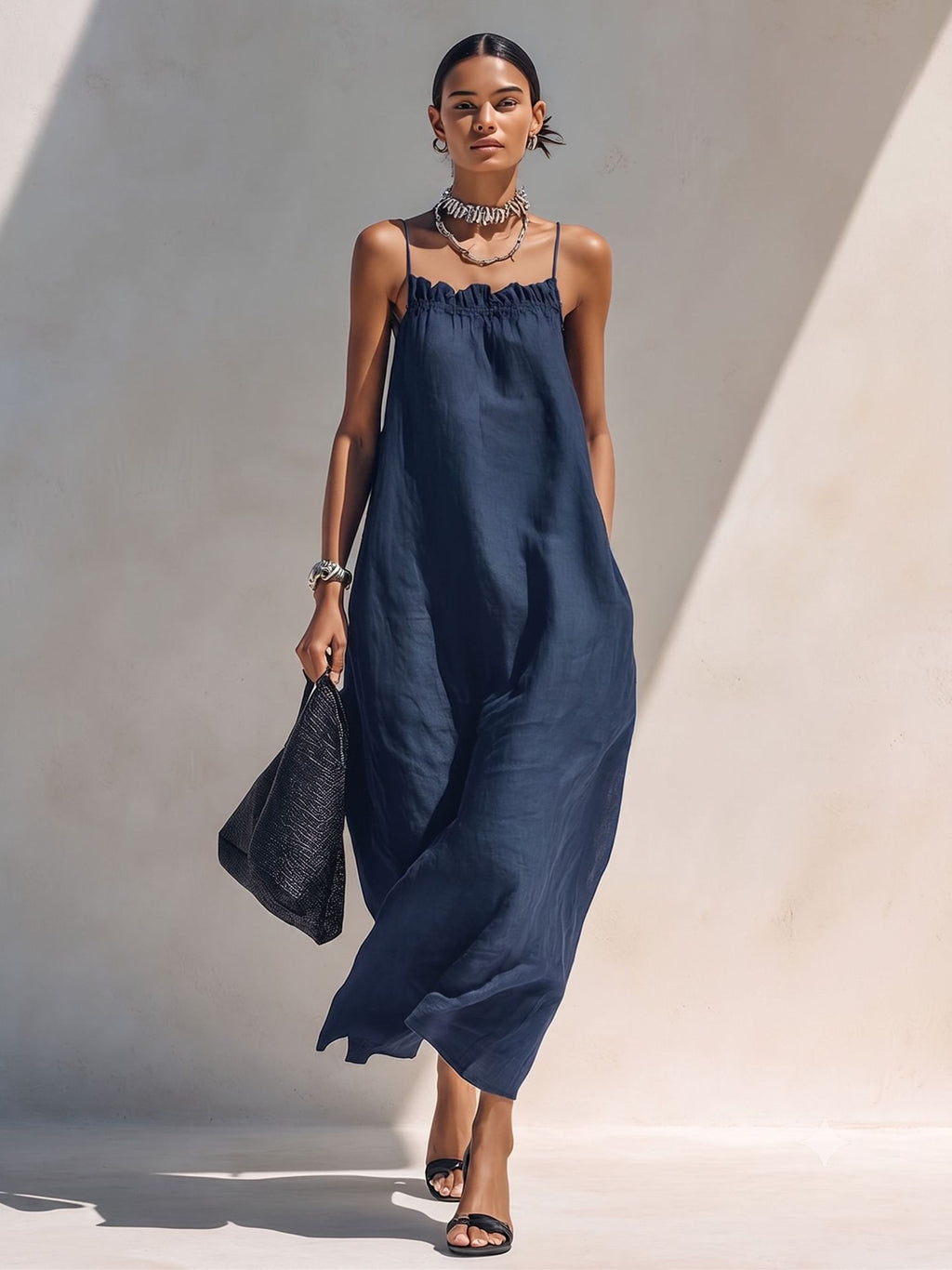 Women's One-Shoulder Sleeveless Smocked Long Dress teemdrop