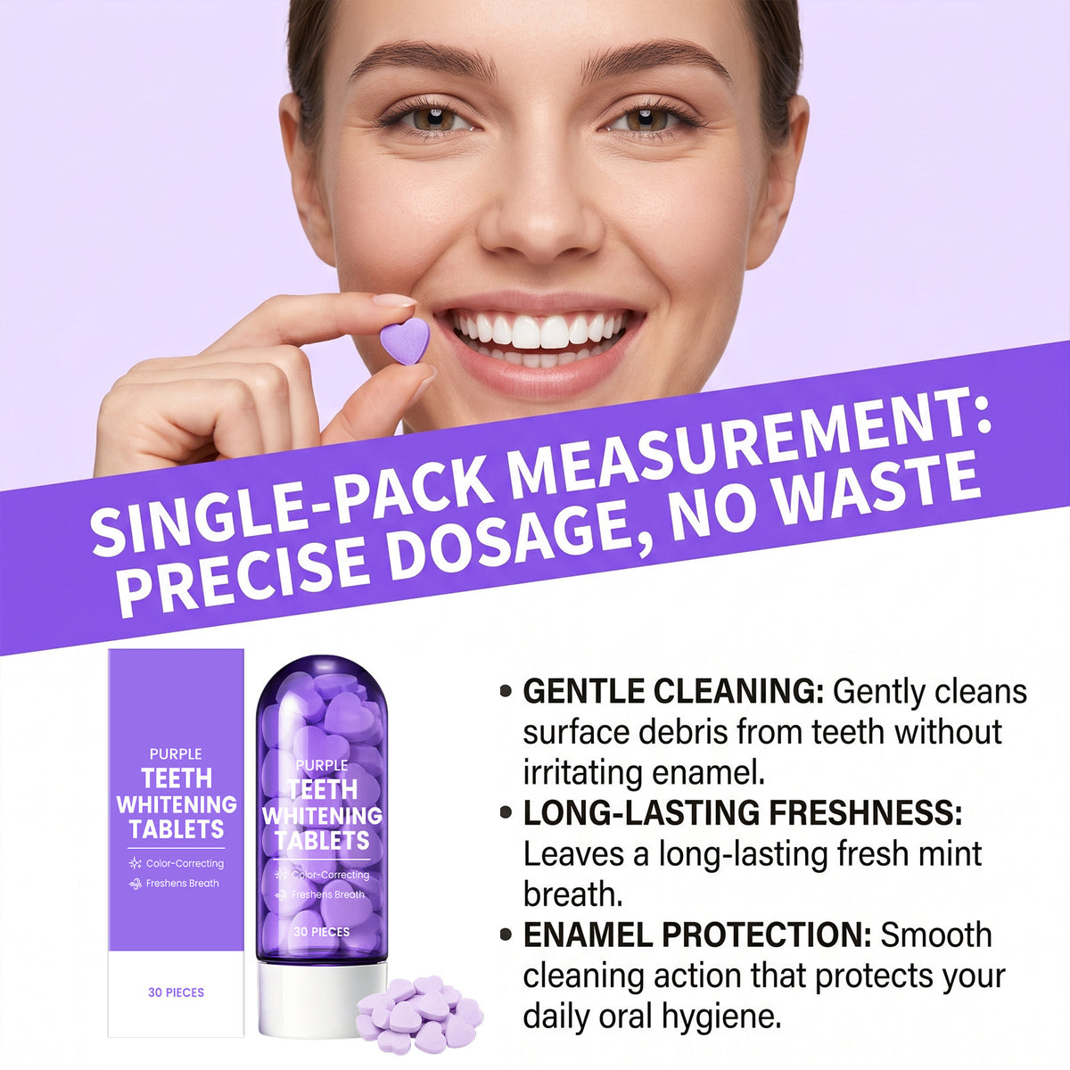 Purple toothpaste tablets clean teeth surface stains fresh breath