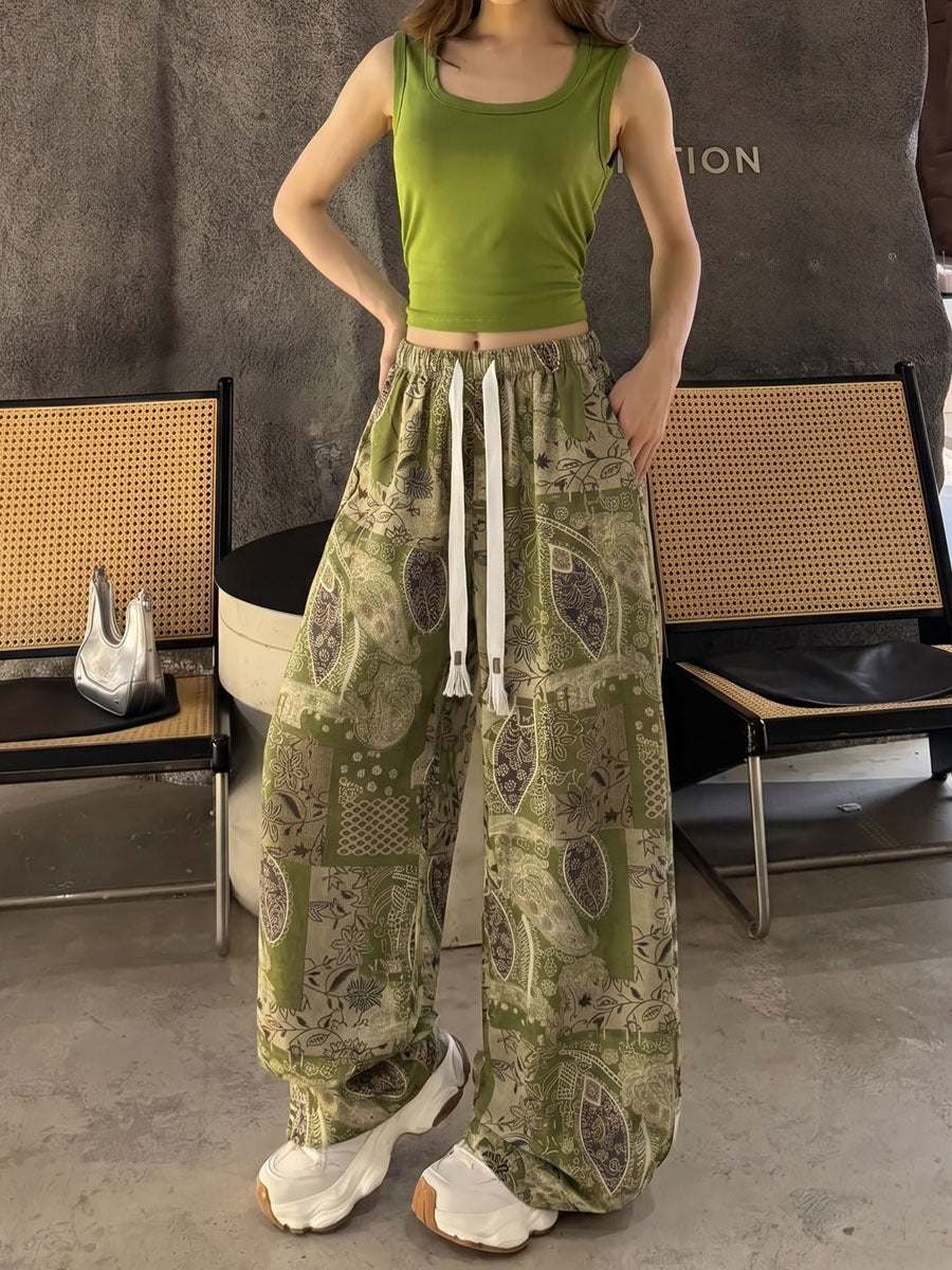 Women's Artistic Print High-Waist Wide-Leg Cotton Casual Pants teemdrop