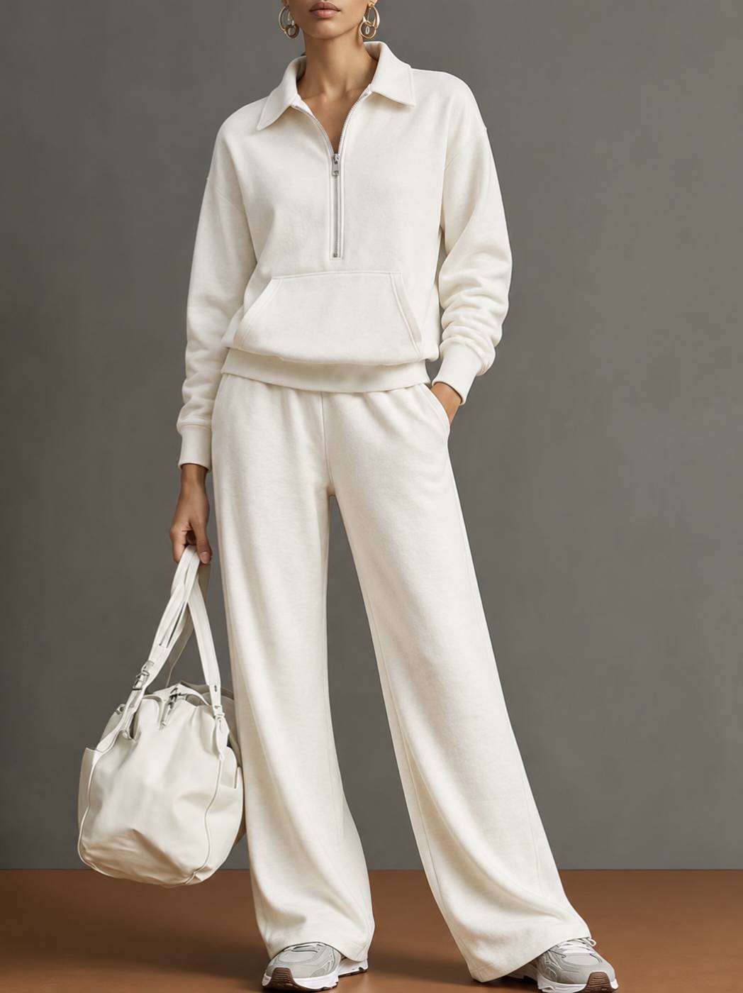 Women Two-Piece Half-Zip Sweatshirt and Wide-Leg Pants Set teemdrop