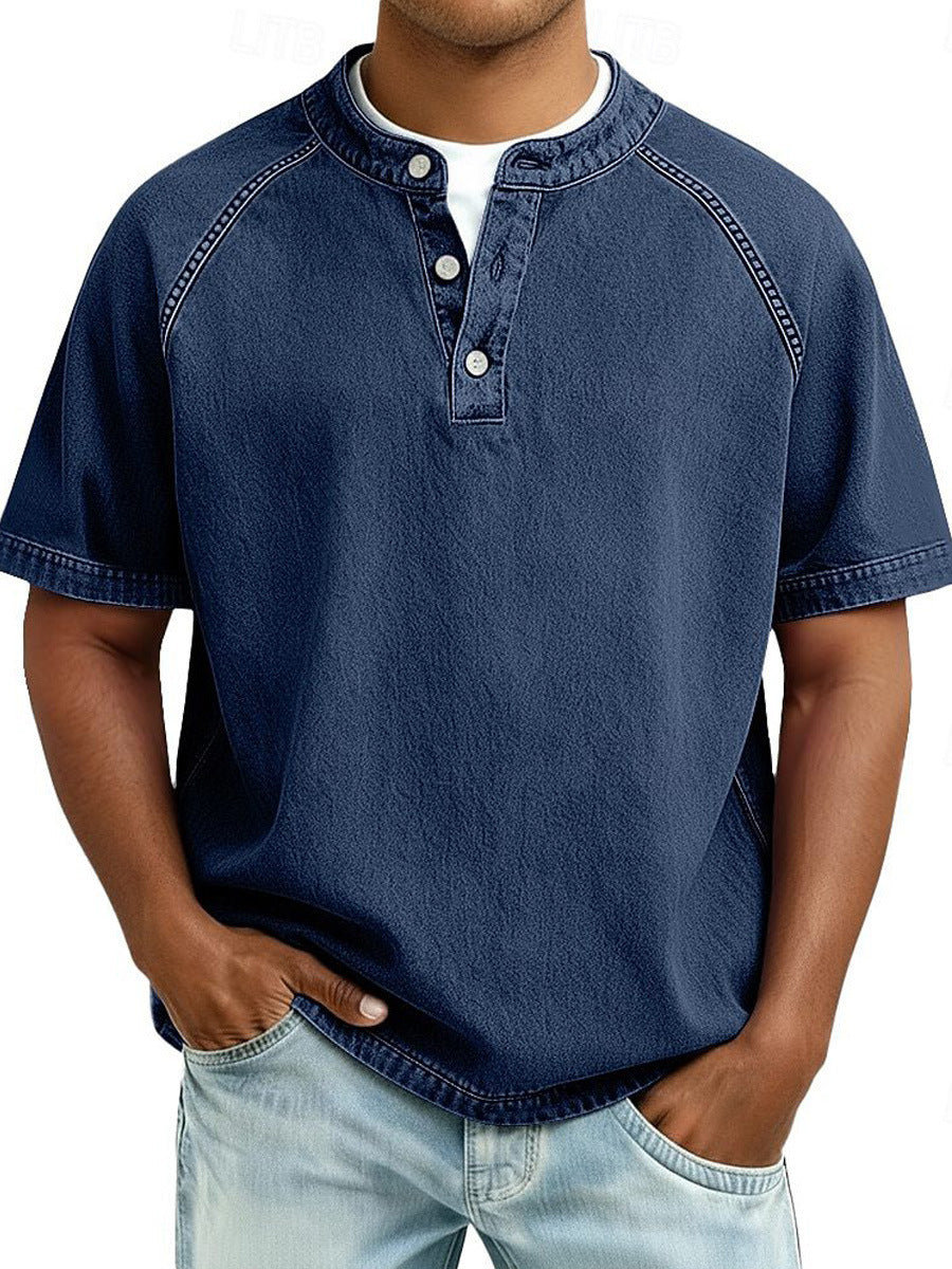 Men's Retro Casual Loose Fit Short Sleeve Button Up Polo Shirt Breathable Polyester Top teemdrop