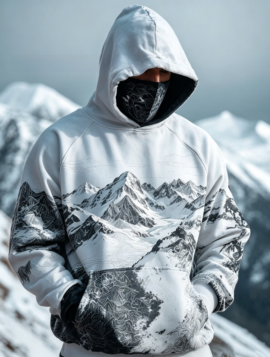 Men's outdoor plant-print pullover hooded sweatshirt with loose fit top body