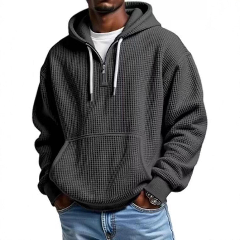 Mens Heavyweight Full-Zip Waffle Hooded Sweatshirt Long Sleeve Solid Color Casual Jacket teemdrop