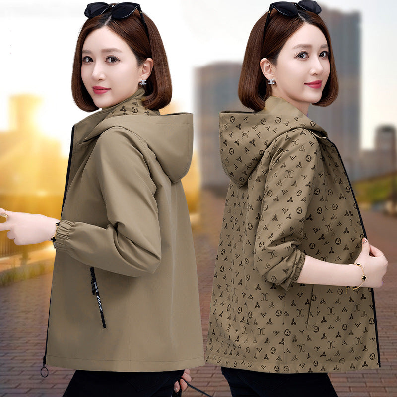 Women Reversible Hooded Long Sleeve Loose Polyester Windbreaker Jacket teemdrop
