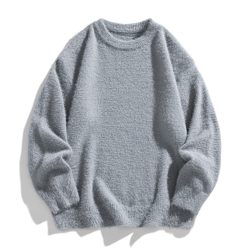 Men's Round Neck Pullover Solid Color Thickened Mink Mohair Knit Sweater teemdrop