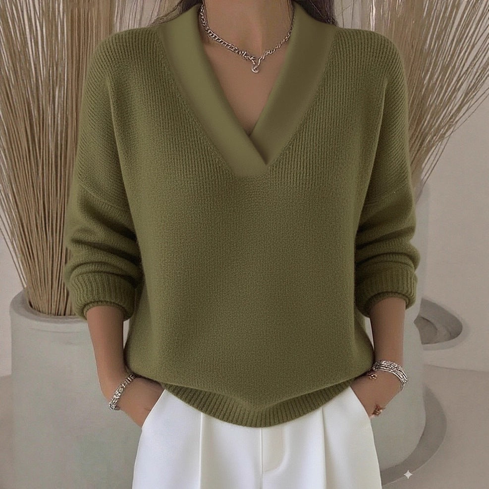 Women V-Neck Long Sleeve Loose Solid Color Knitted Pullover Sweater teemdrop