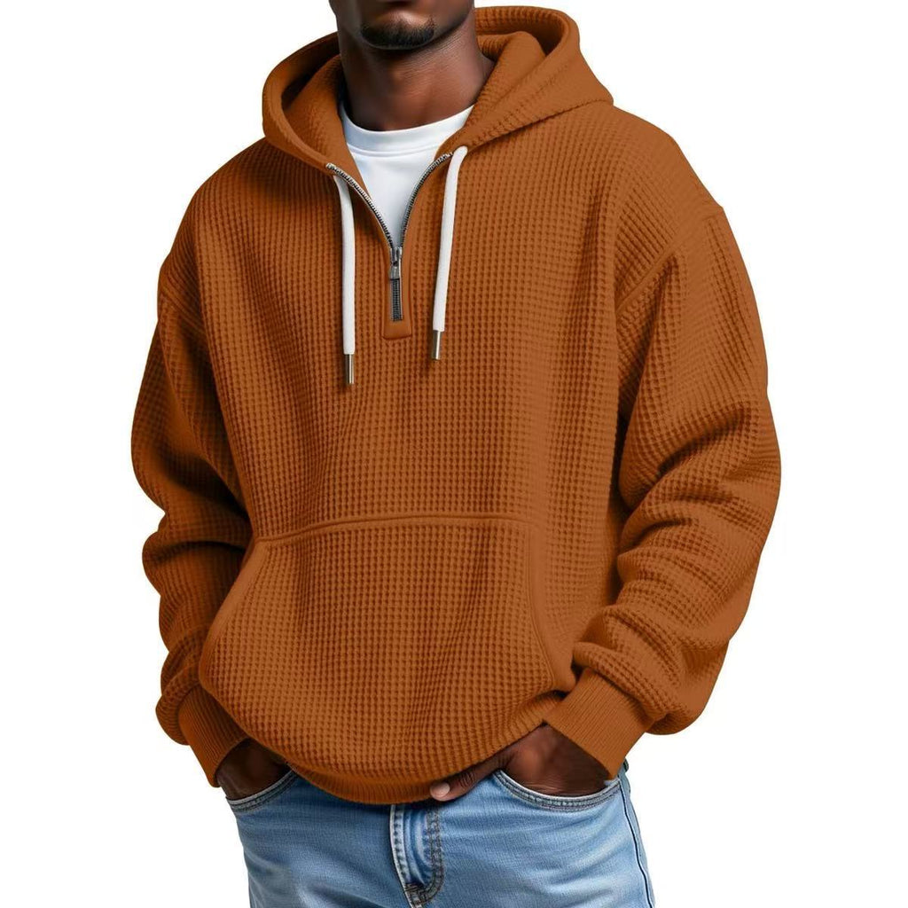Men?s Heavyweight Waffle Knit Zip-Up Hooded Long Sleeve Loose Fit Casual Sweatshirt teemdrop