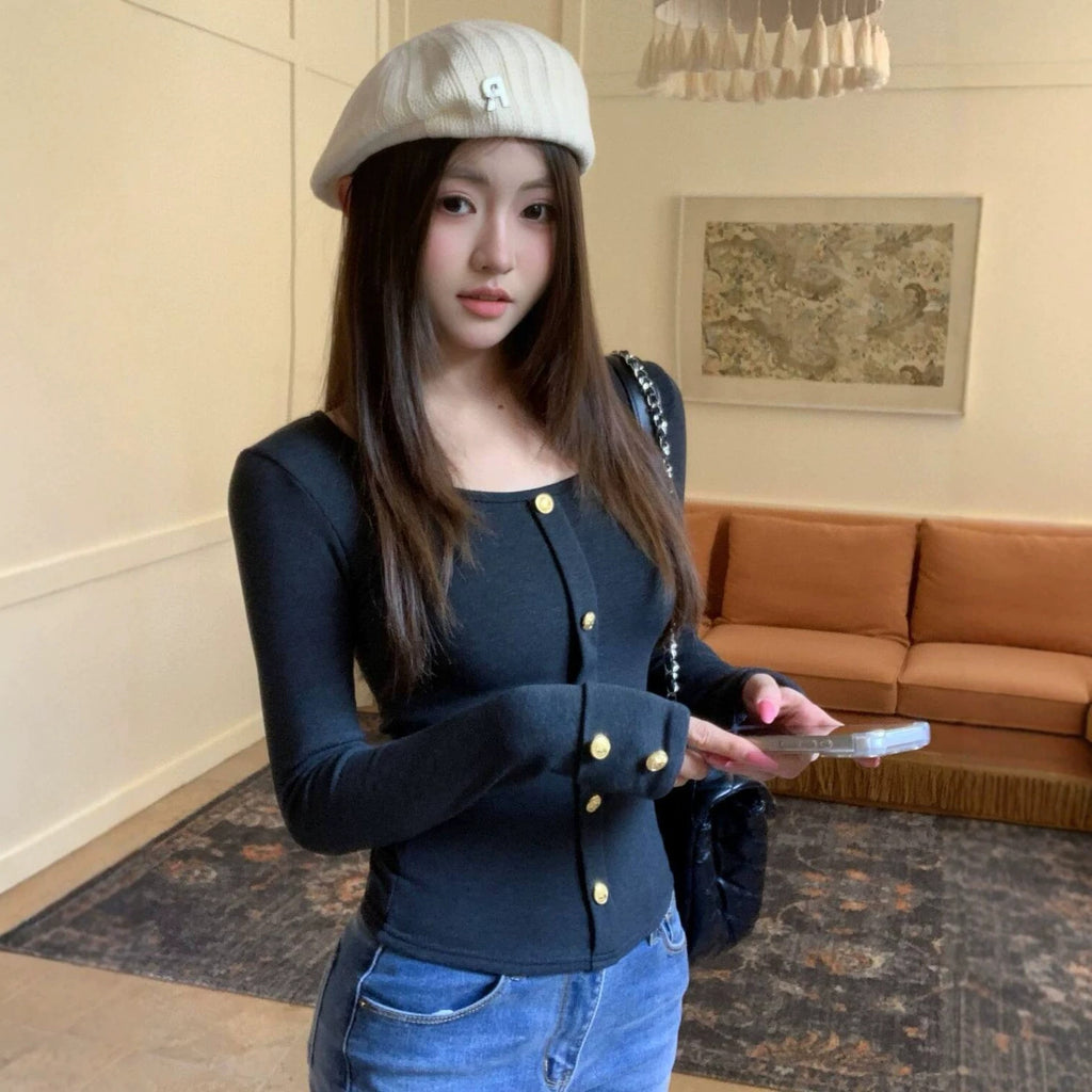 Women's Square Collar Long Sleeve Brushed Slim Fit T-Shirt teemdrop