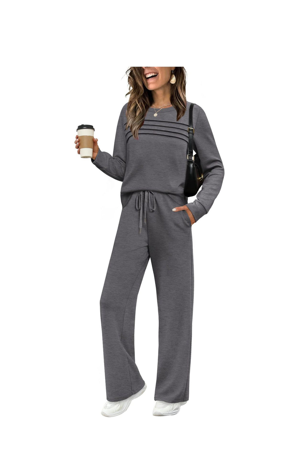 Women's Solid Color Two-Piece Set Pleated Sweatshirt and Wide-Leg Trousers Casual Knit Suit teemdrop