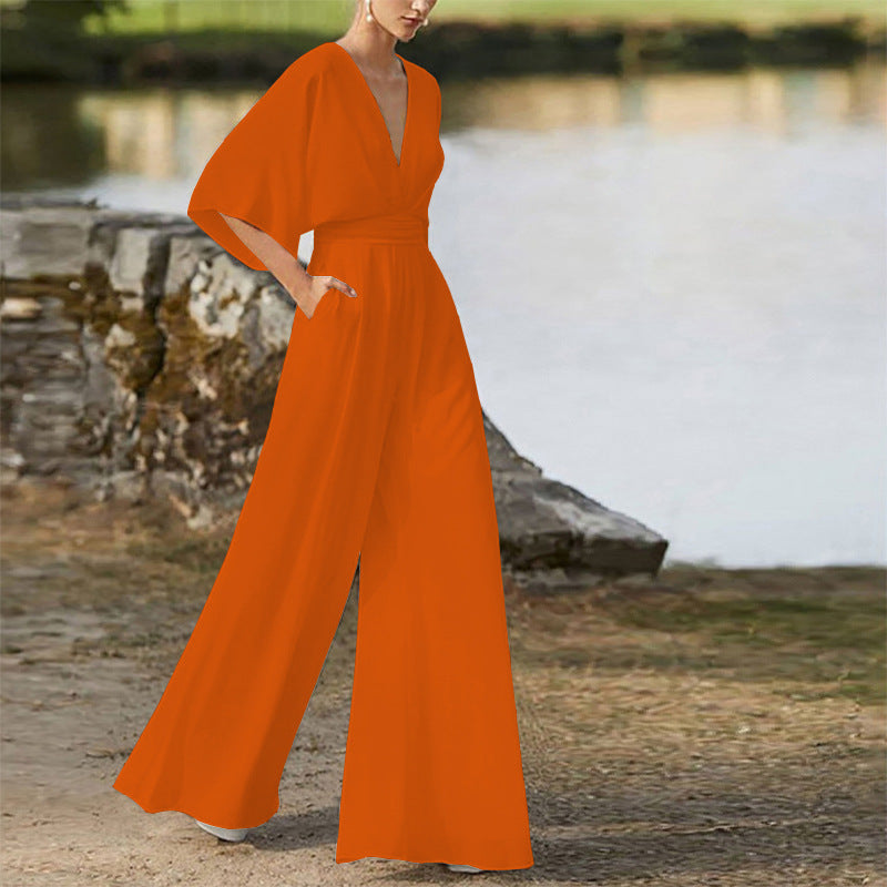 2026 Winter New European and American Foreign Trade Women's Fashion Jumpsuit Amazon Hot-Selling Deep V High-Waisted Wide-Leg Pants