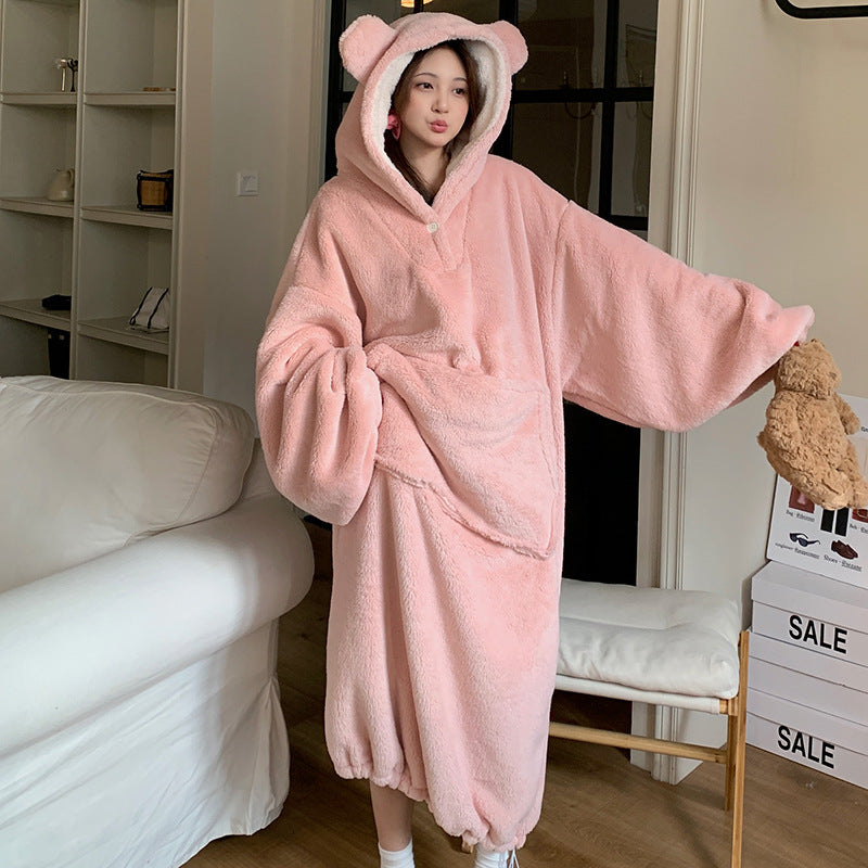 Women's Thickened Coral Fleece Hooded Nightgown Oversized Winter Warm Robe teemdrop