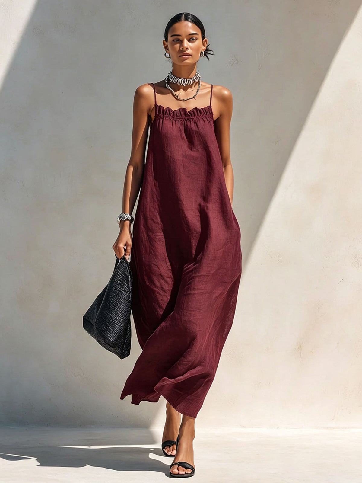 Women's Summer Solid Color Ruffle Collar Sleeveless A-Line Long Dress teemdrop