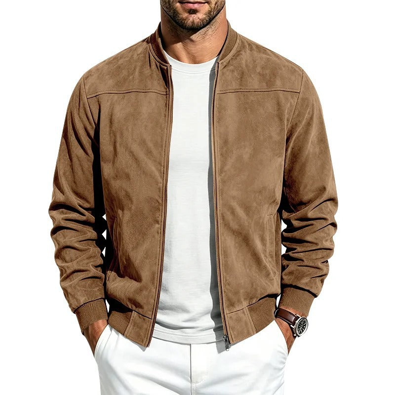 Men's Solid Suede Fleece Baseball Collar Bomber Jacket teemdrop