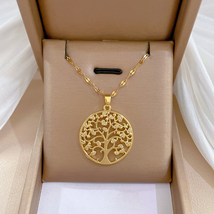 Titanium Steel Tree of Life Pendant Light Luxury Clavicle Necklace Gold Color