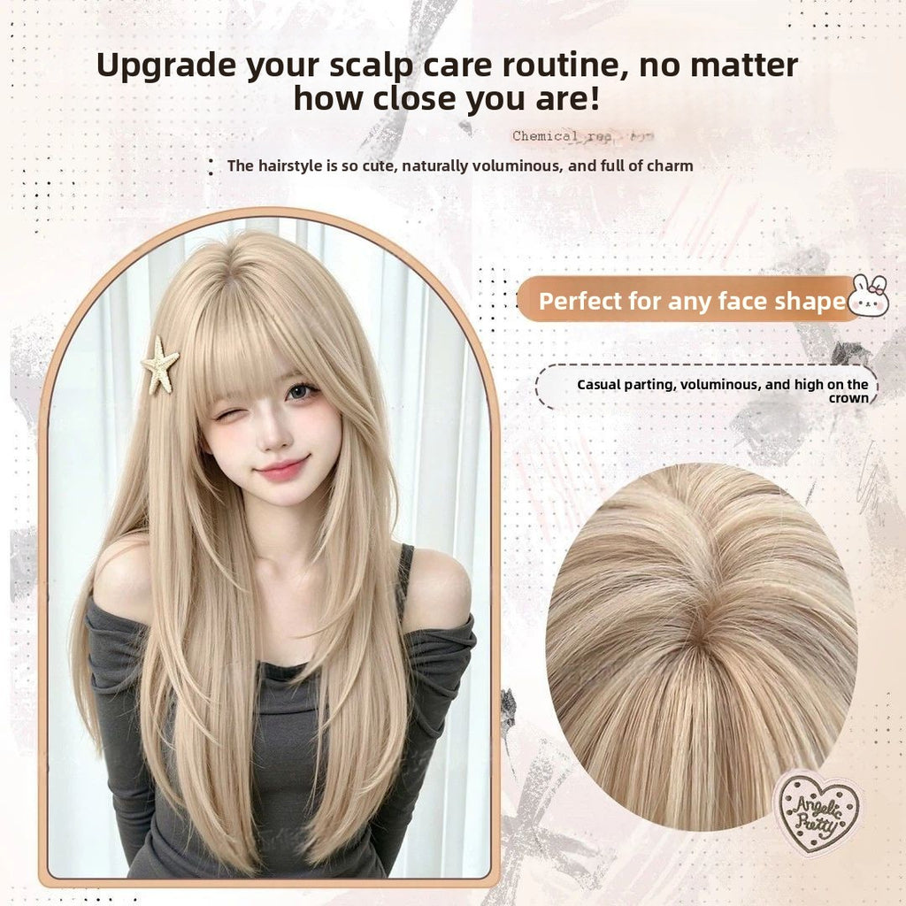 Women Korean Style Layered Long Straight Wig with Air Bangs Natural Look Heat Resistant Fiber Hair teemdrop