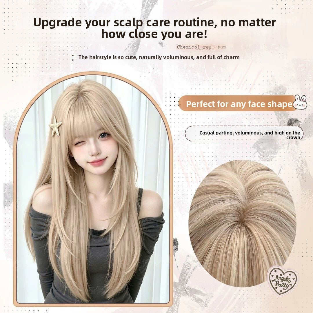 Women Korean Style Layered Long Straight Wig with Air Bangs Natural Look Heat Resistant Fiber Hair teemdrop