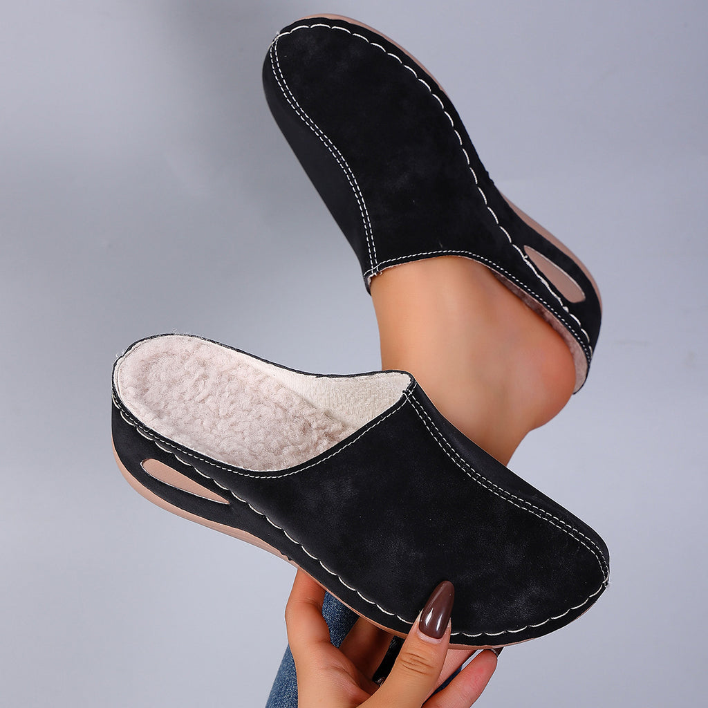 Women's Fleece-Lined Wedge Slippers Closed-Toe Warm Plush House Shoes teemdrop