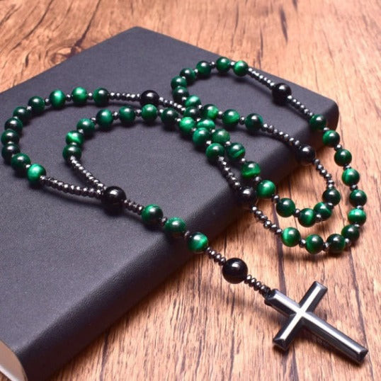 Tiger-eye stone cross necklace